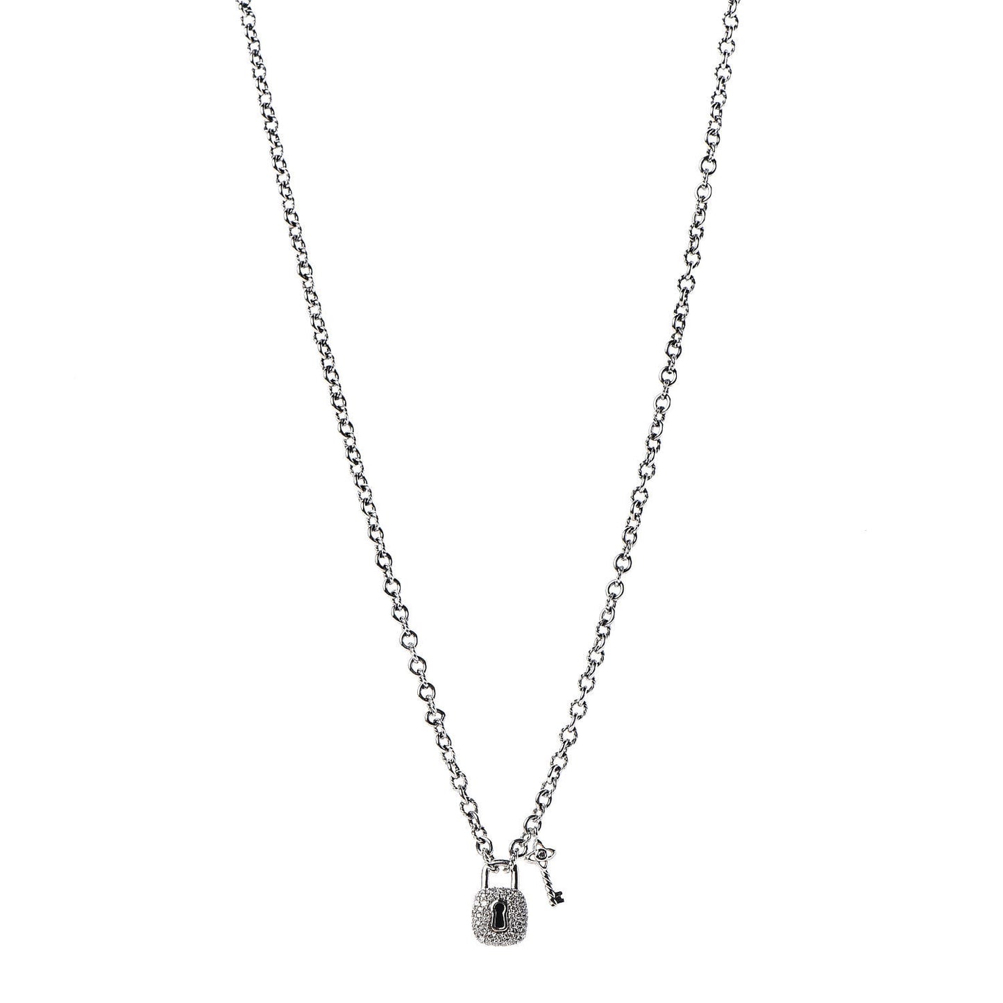 Sterling Silver Diamond Cable Collectibles Lock and Key Charm Pendant Necklace