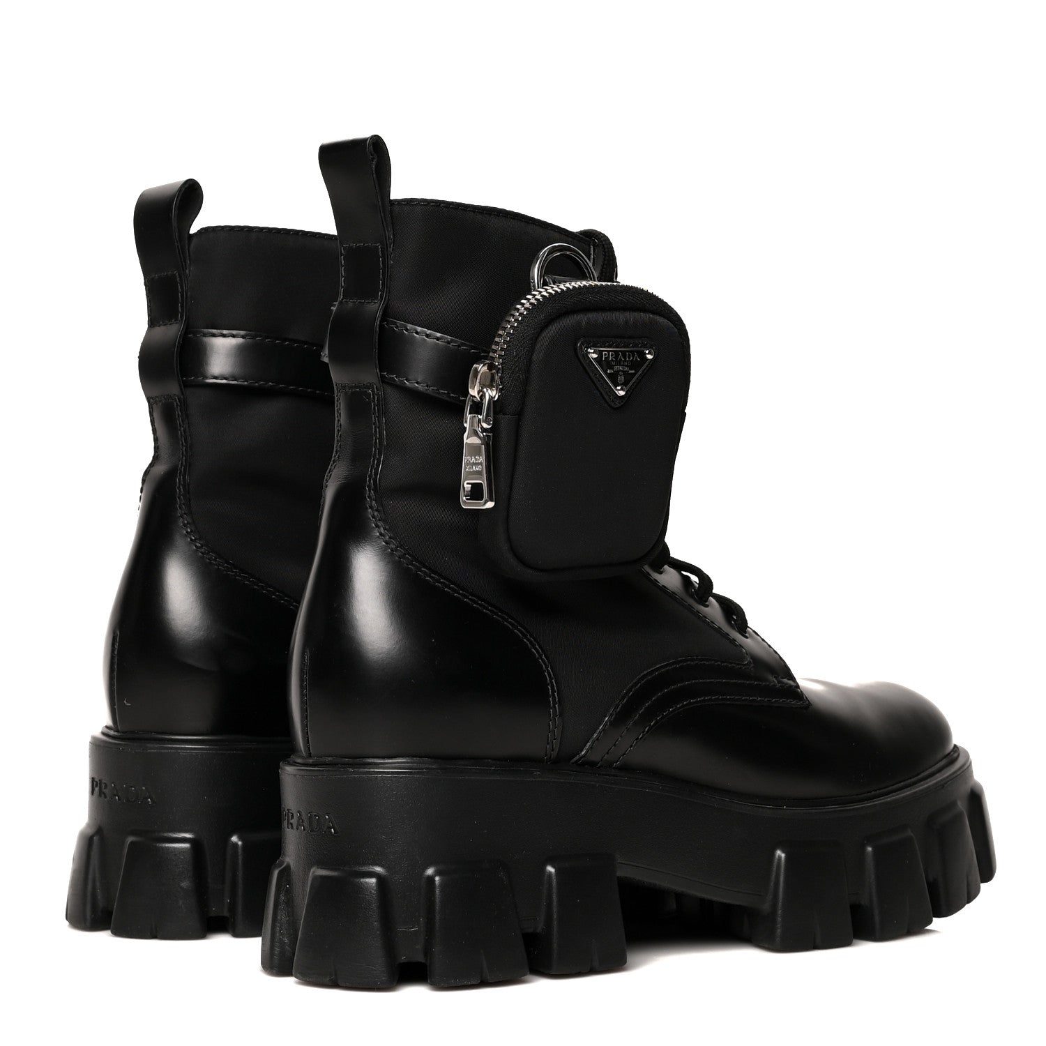 Prada Spazzolato Rois Nylon Metal Triangle Logo Monolith Pouch Pocket 55mm Boots 40 Black 4 of 9