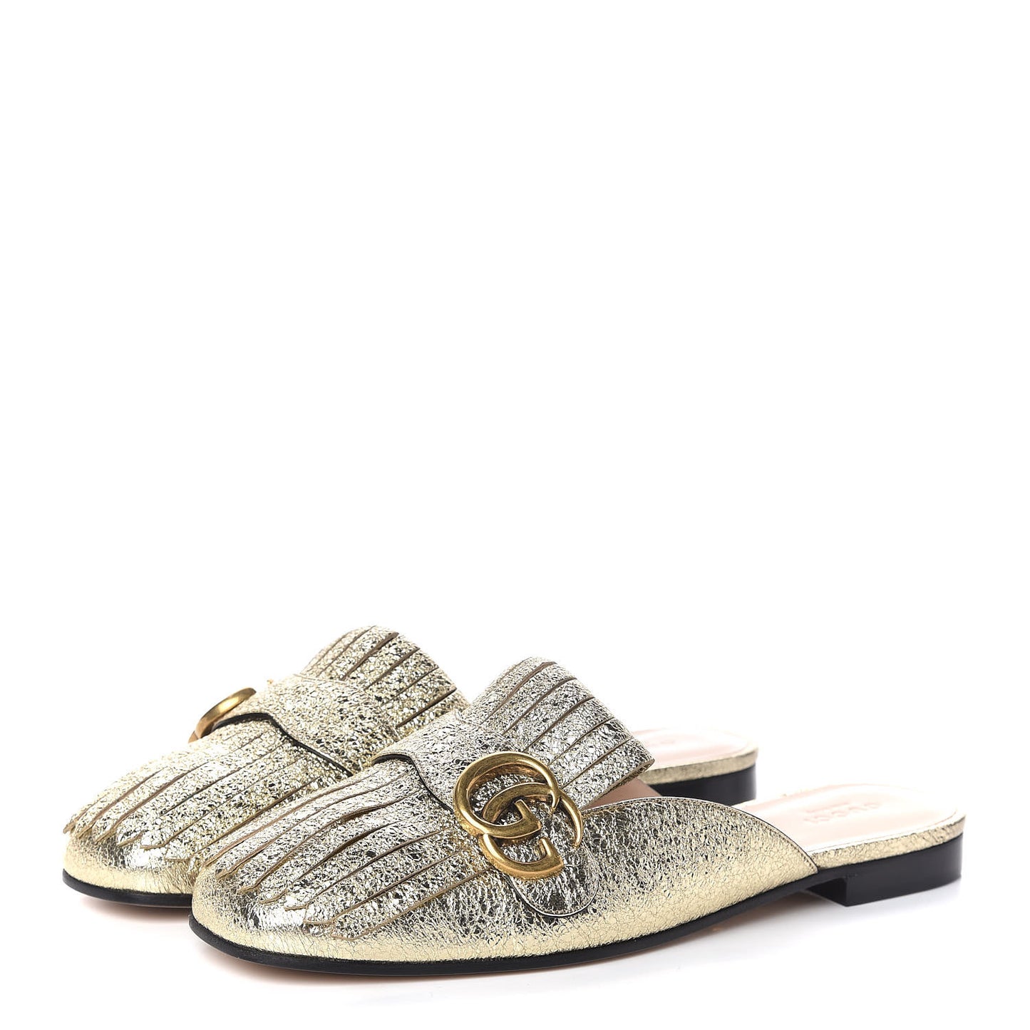 Galassia Womens GG Marmont Fringe Slippers 38.5 Platino