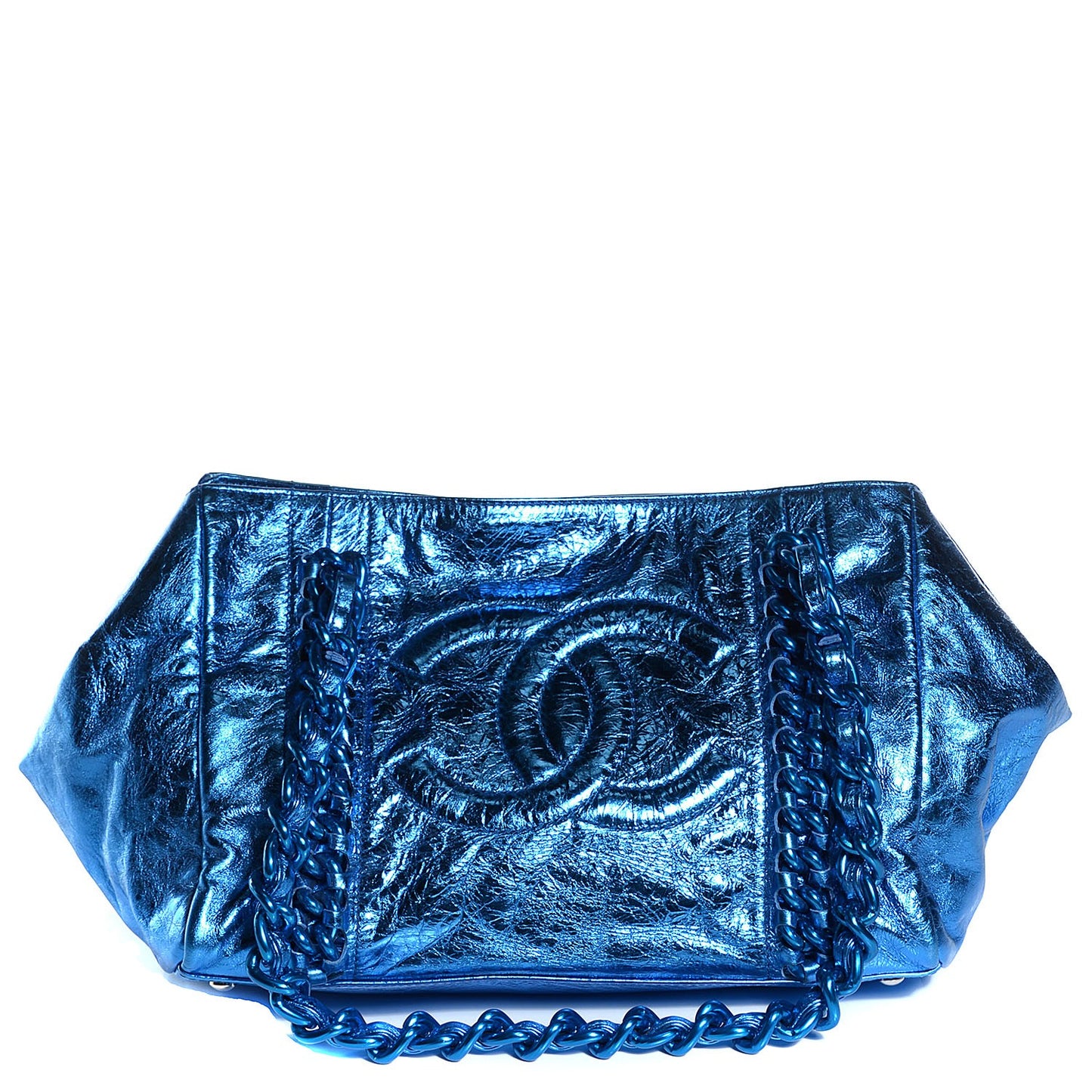 Metallic Cracked Calfskin Small Modern Chain Tote Blue