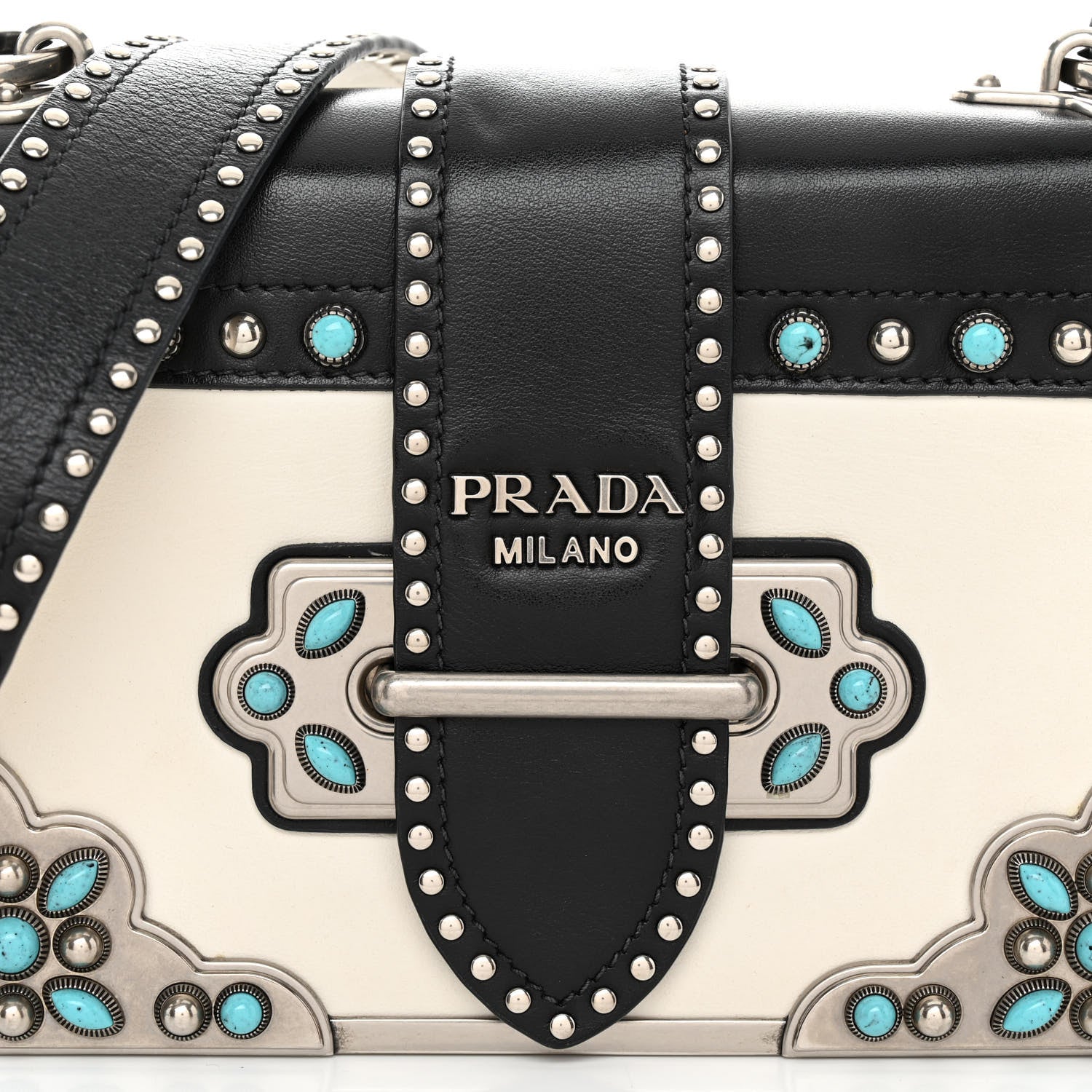 Prada City Calf Studded Folk Cahier Bag Black White 7 of 10