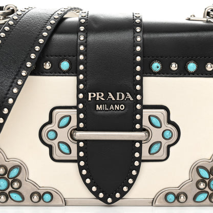 Prada City Calf Studded Folk Cahier Bag Black White 7 of 10
