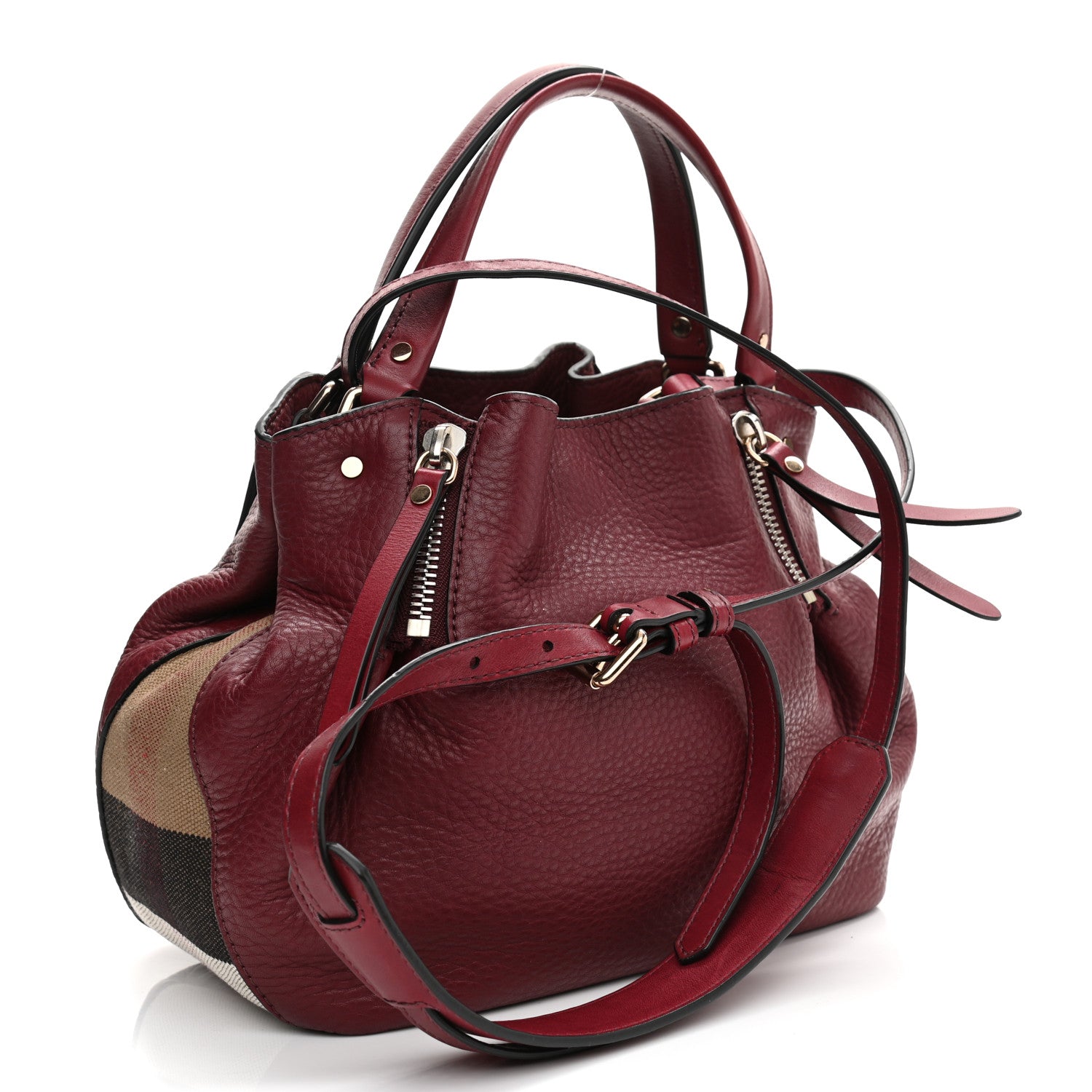 Burberry Grainy Calfskin House Check Medium Maidstone Burgundy Red 3 of 10
