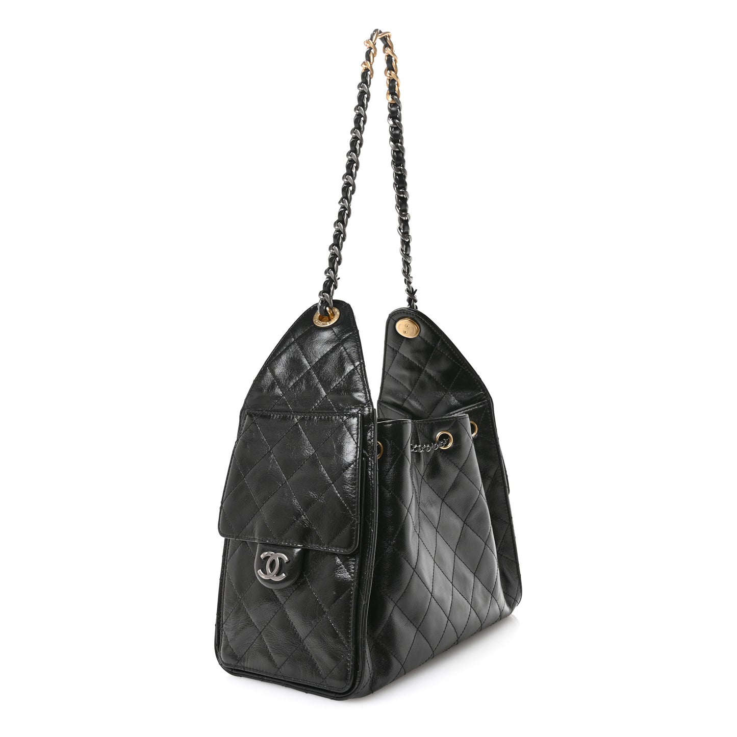 Shiny Crumpled Calfskin Quilted Small Chanel 25 Handbag Black