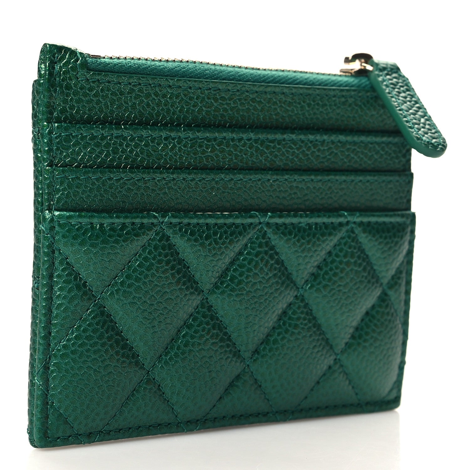 Chanel Metallic Caviar Quilted CC Zip Card Holder Green 3 of 8