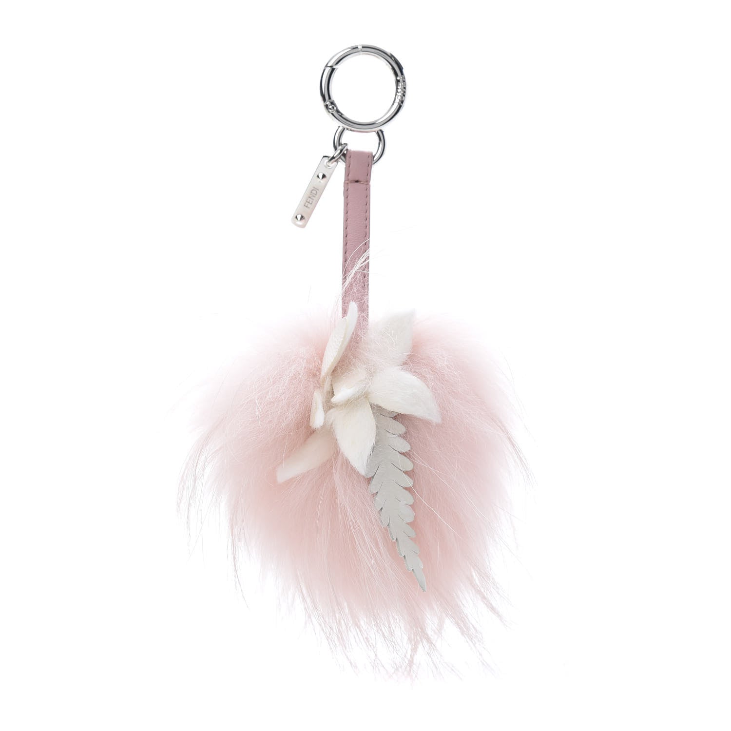 Fendi Raccoon Rabbit Fur Shiny Nappa Flower Pom Pom Bag Charm Rosa White 1 of 5