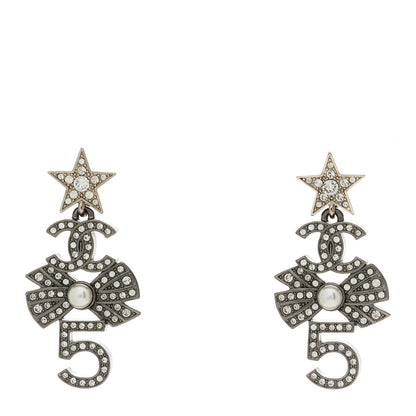Chanel Crystal CC 5 Bow Pearl Drop Earrings Silver Pearly White 1 of 5