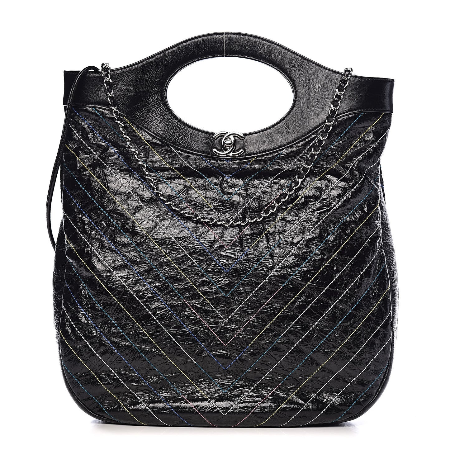 Glazed Calfskin Chevron Stitched Large 31 Shopping Bag Black