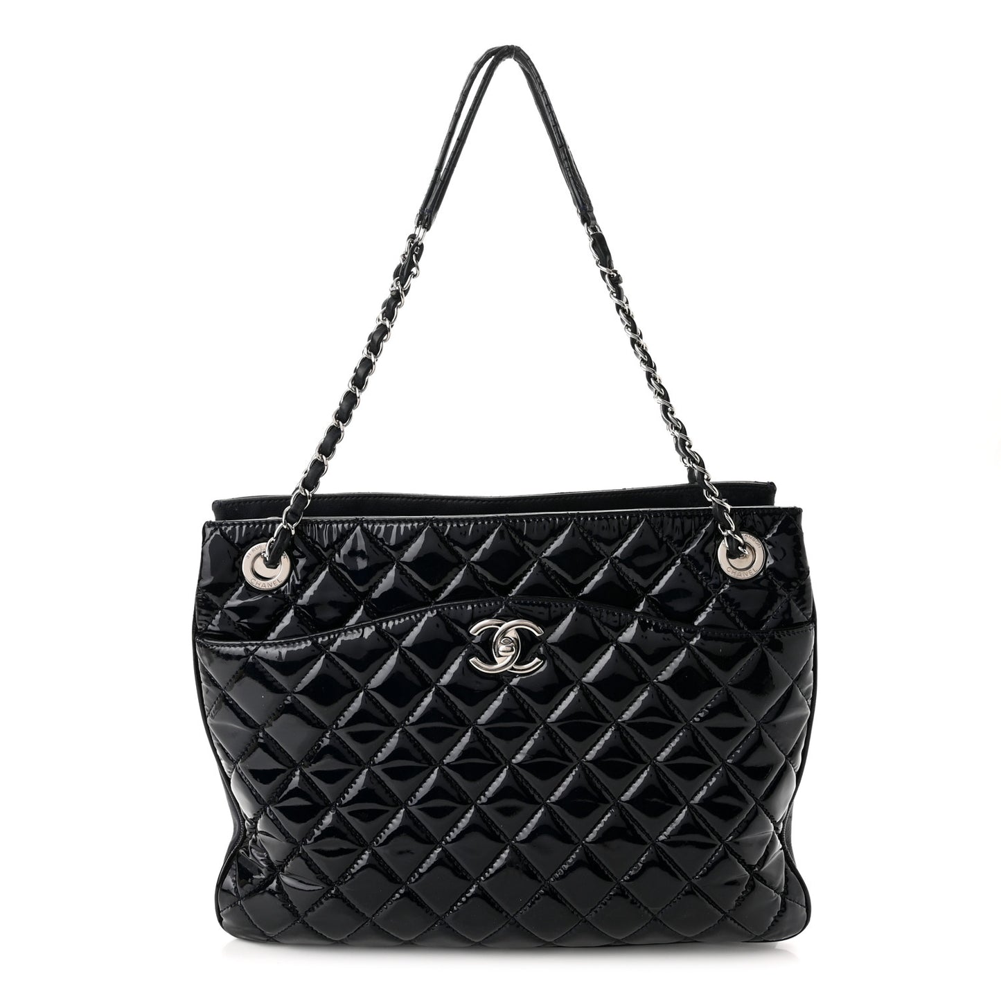 Patent Quilted Accordion Shopping Tote Navy