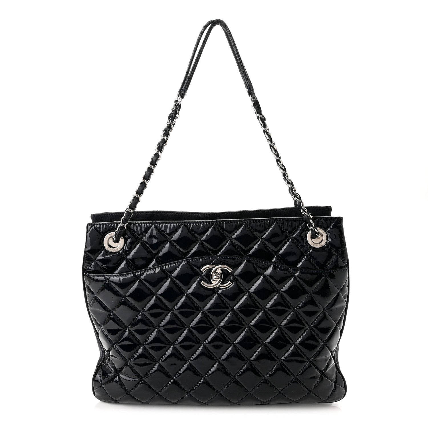 Chanel Patent Quilted Accordion Shopping Tote Navy 1 of 12