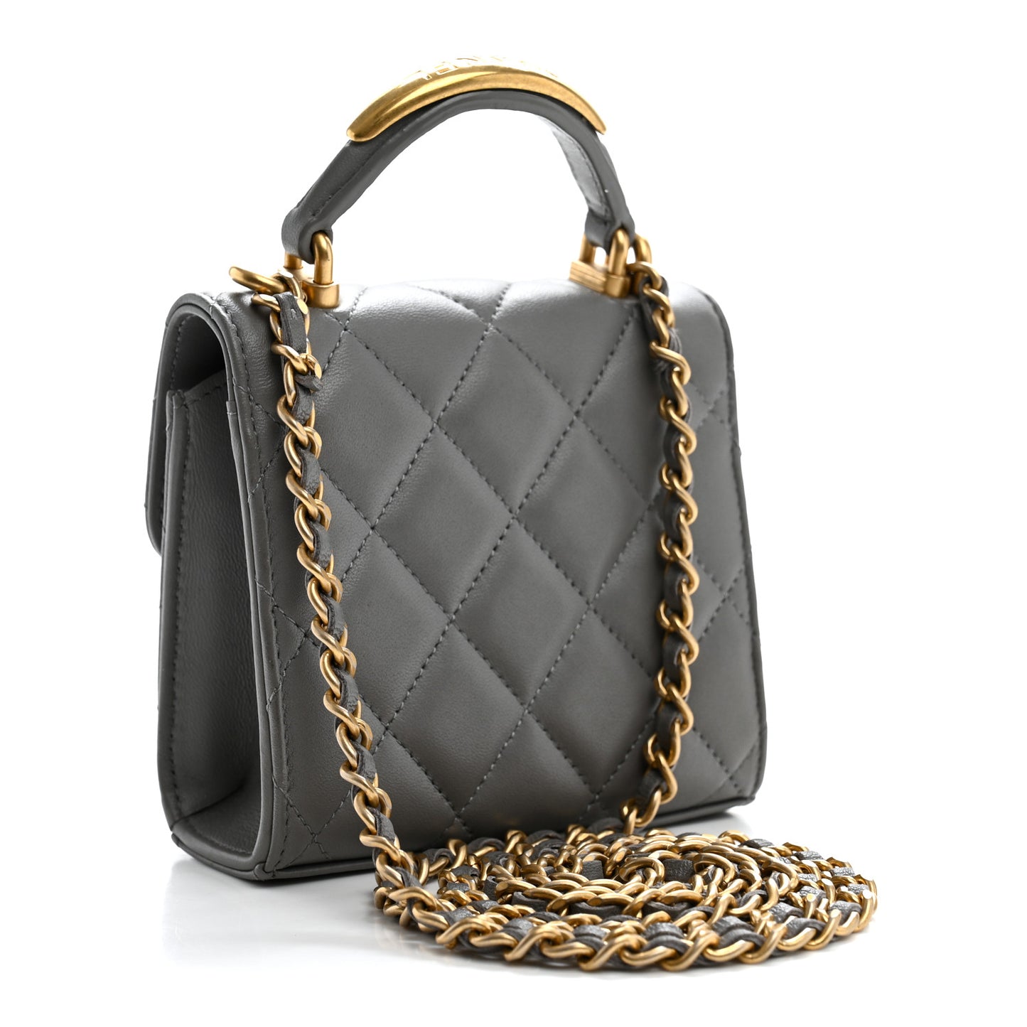 Lambskin Quilted Metal Top Handle Flap Clutch With Chain Grey