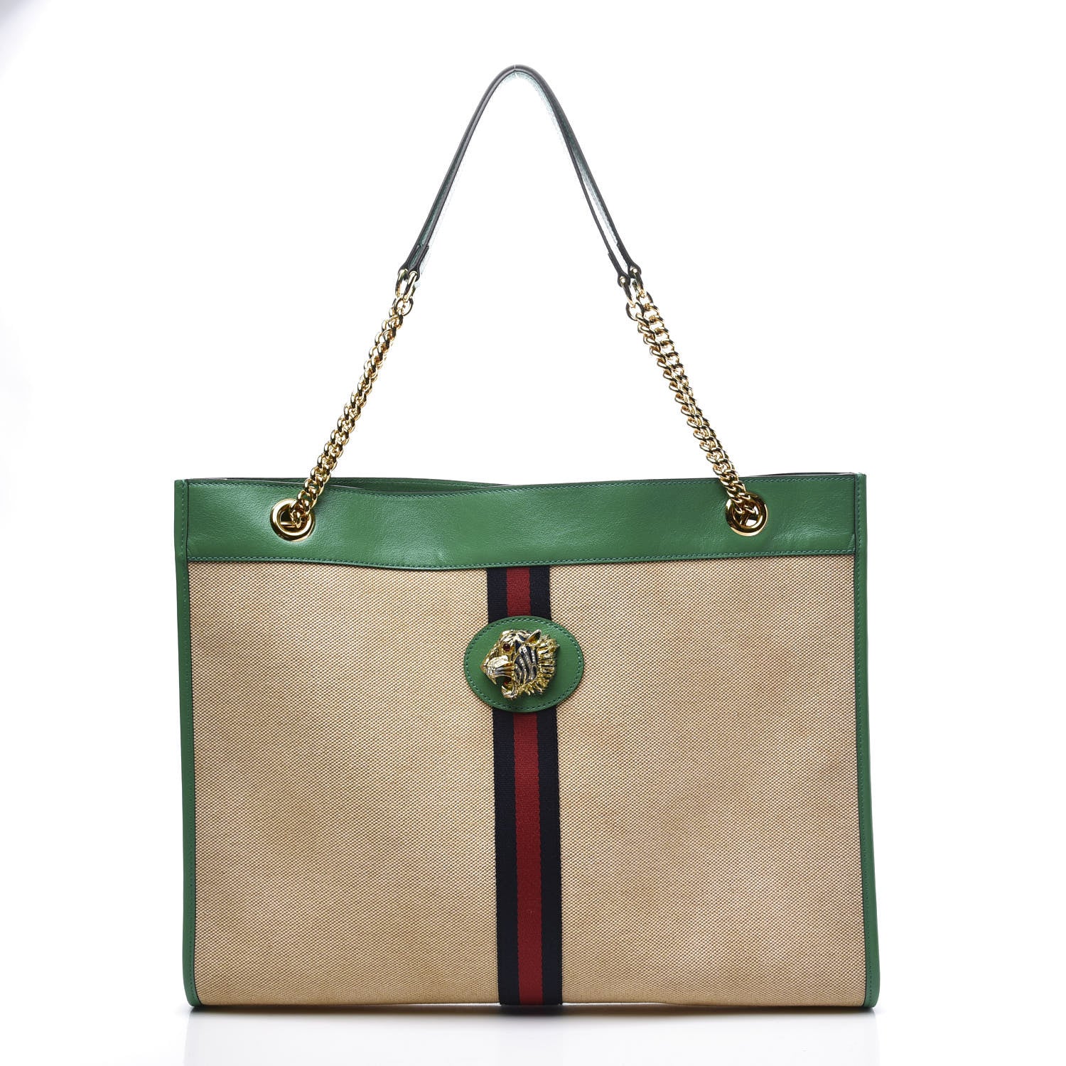 Gucci Canvas Calfskin Large Rajah Chain Tote Beige Green 2 of 12