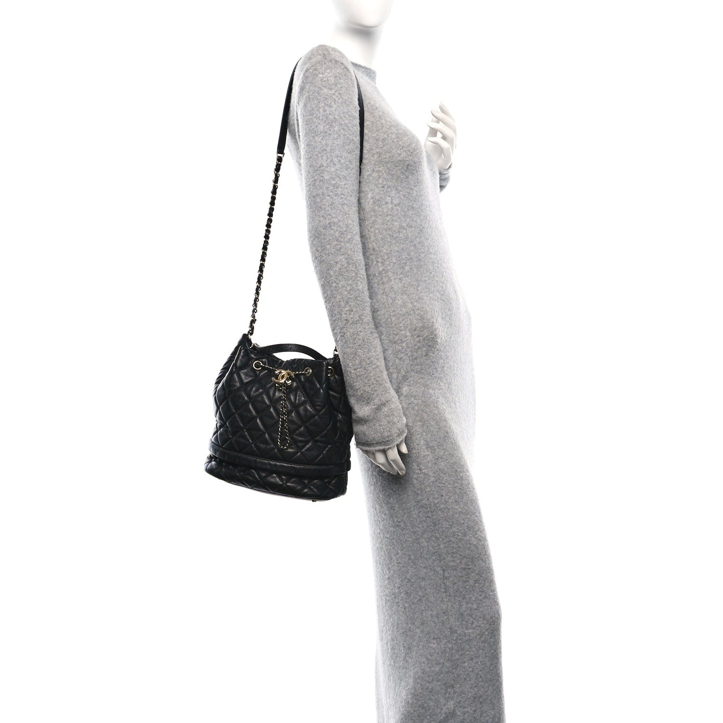 Caviar Quilted Large Rolled Up Bucket Drawstring Bag Black