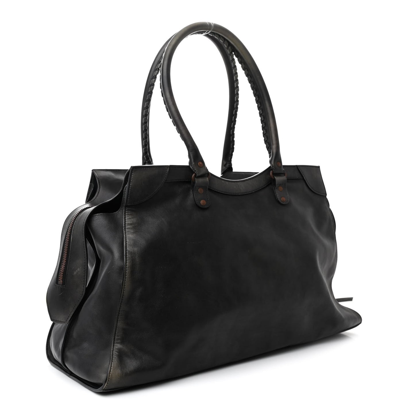 Used Calfskin Rust Hardware Large Top Handle Bag Black