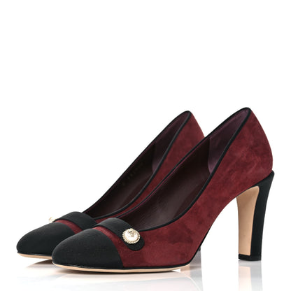 Chanel Glitter Calfskin Grosgrain Cap Toe Pearl Pumps 38 Burgundy Black 3 of 9