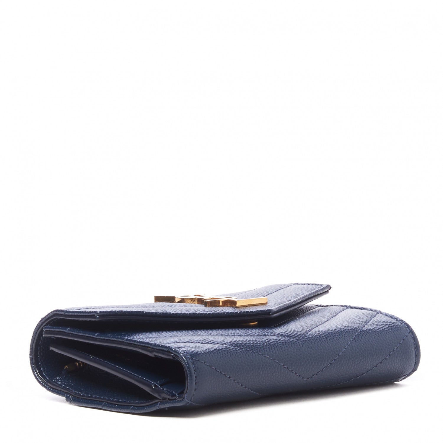 Saint Laurent Grain De Poudre Matelasse Chevron Monogram Compact Tri Fold Wallet Blue Sapphire 3 of 8