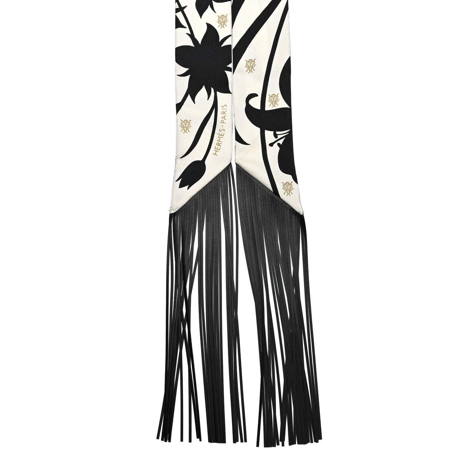 Hermes Silk Calfskin Bouquet Final Fringed Twilly Creme Black 2 of 4