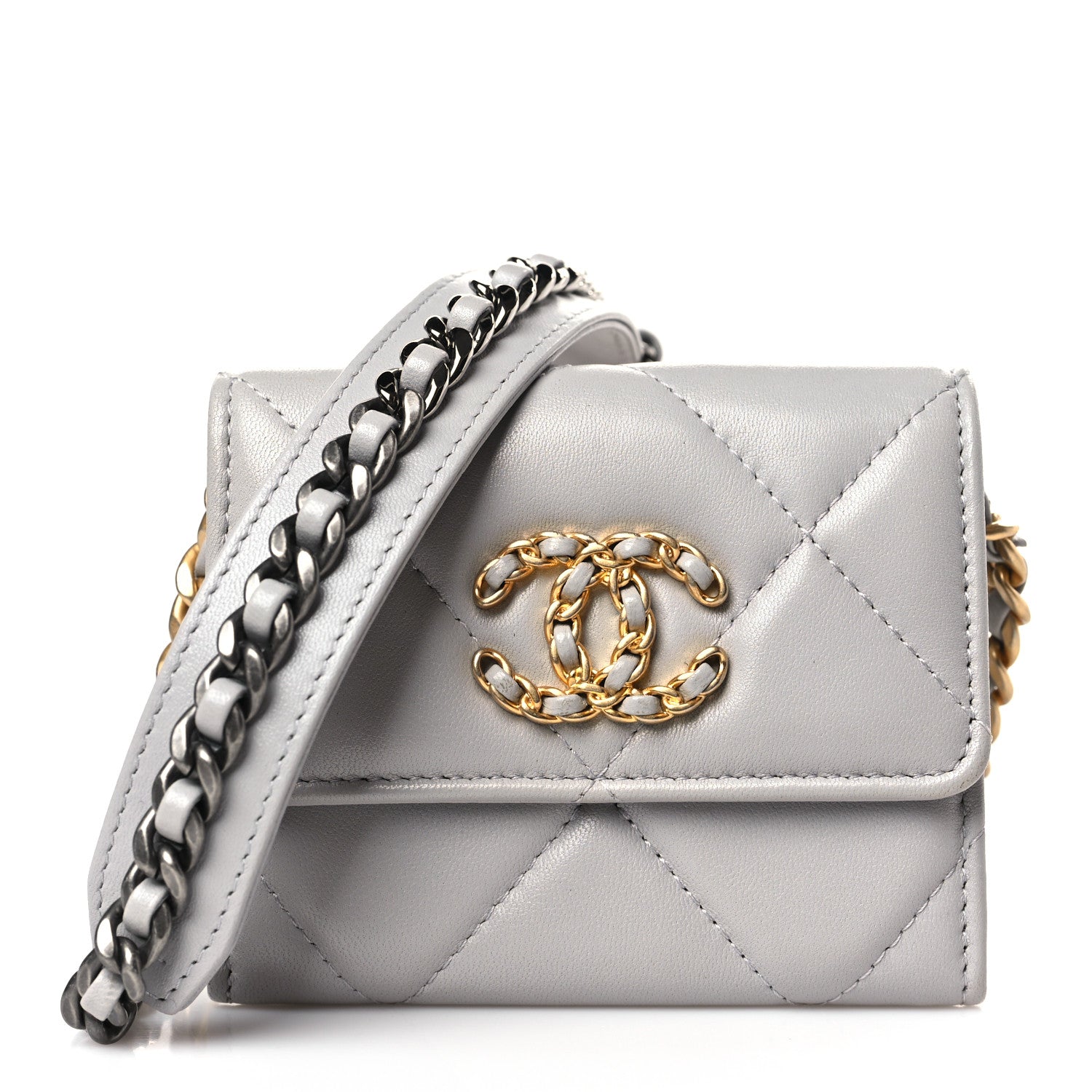 image of CHANEL Lambskin Quilted Chanel 19 Flap Belt Bag in the color Grey by FASHIONPHILE