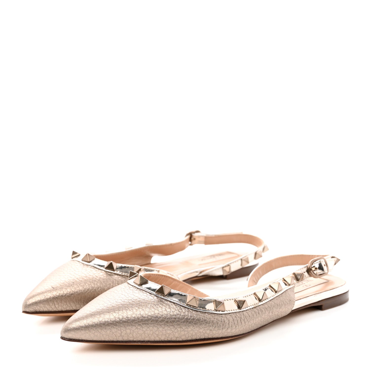 Valentino Garavani Metallic Pebbled Calfskin Patent Rockstud Slingback Flats 35 Skin 3 of 12