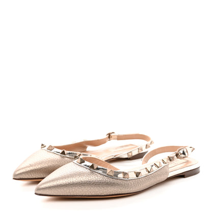 Valentino Garavani Metallic Pebbled Calfskin Patent Rockstud Slingback Flats 35 Skin 3 of 12