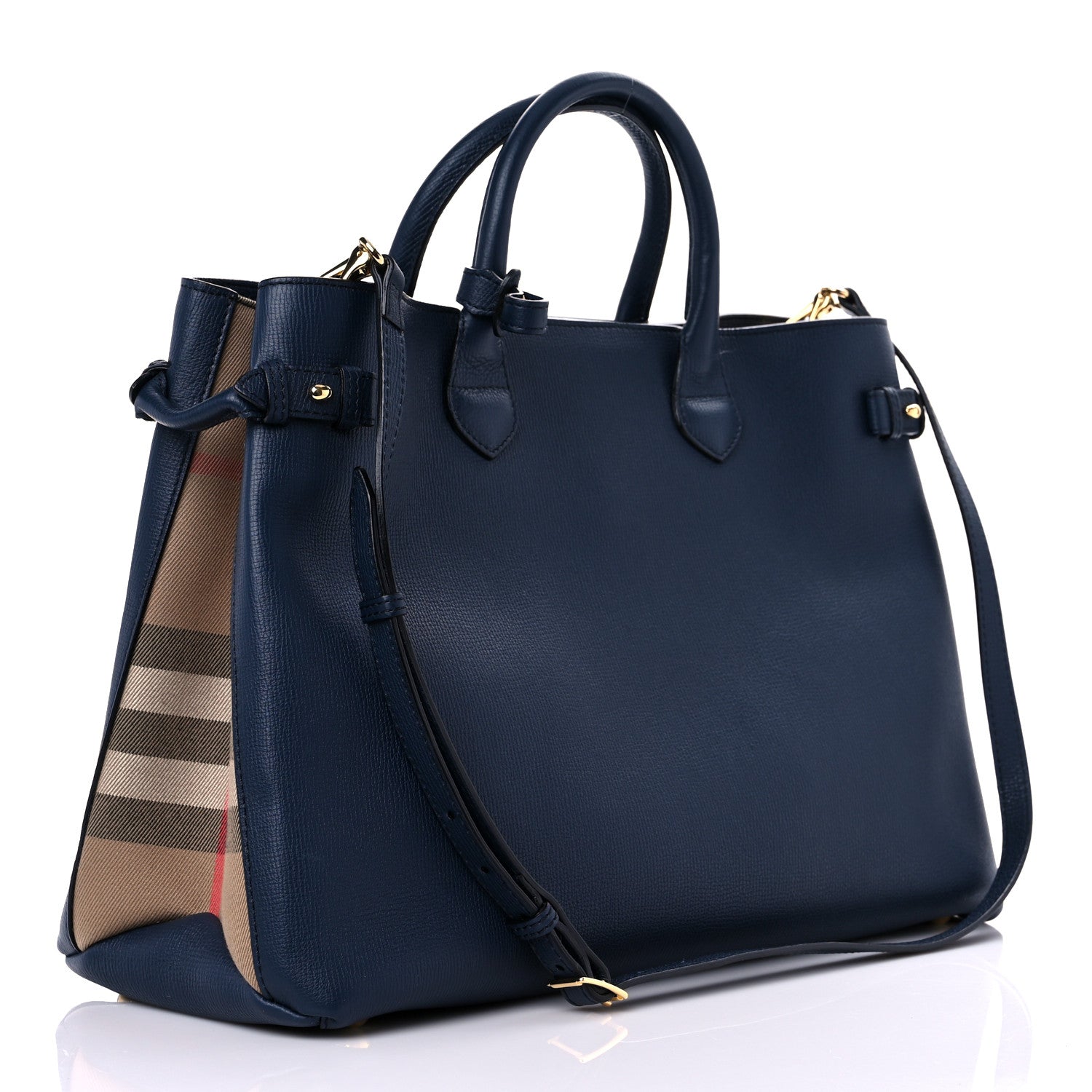 Burberry Derby Calfskin House Check Medium Banner Tote Ink Blue 3 of 15