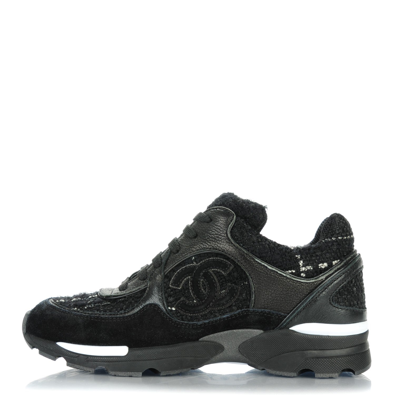 Chanel Suede Tweed Goatskin CC Sneakers 34.5 Black 1 of 8