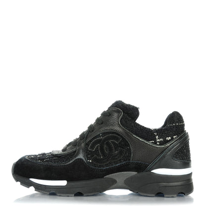 Chanel Suede Tweed Goatskin CC Sneakers 34.5 Black 1 of 8