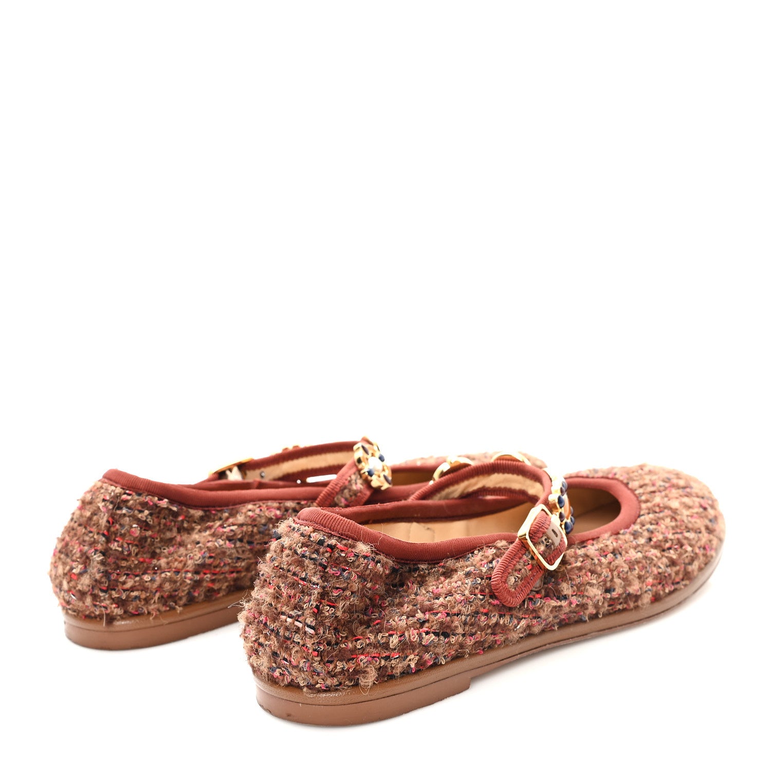 Chanel Wool Tweed Mary Jane Flats 37.5 Brown Red Dark Blue 4 of 9
