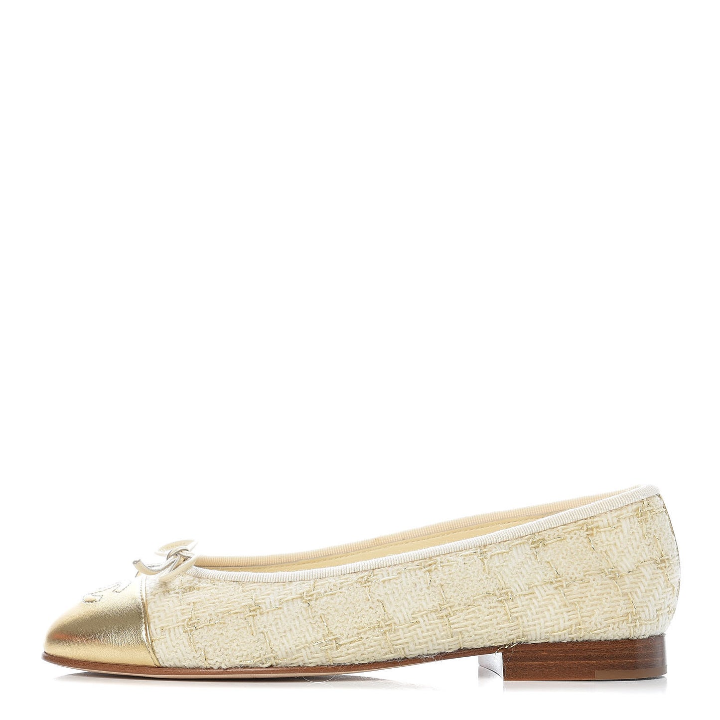 Tweed Metallic Lambskin CC Cap Toe Ballerina Flats 36 Beige Gold