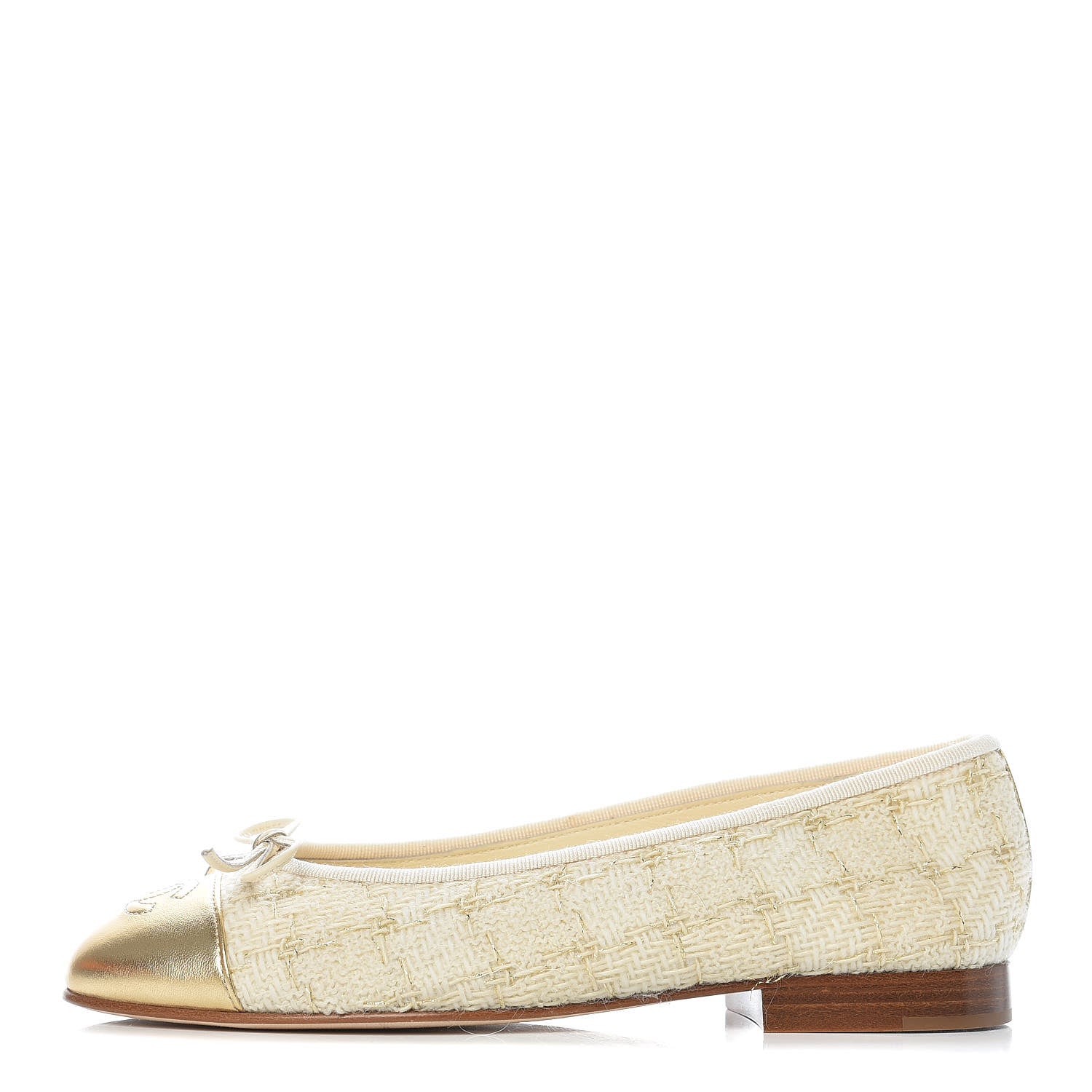 Chanel Tweed Metallic Lambskin CC Cap Toe Ballerina Flats 36 Beige Gold 1 of 10