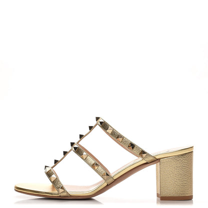 Valentino Garavani Metallic Pebbled Calfskin Rockstud 60mm Caged Slide Sandals 39.5 Mekong 1 of 8