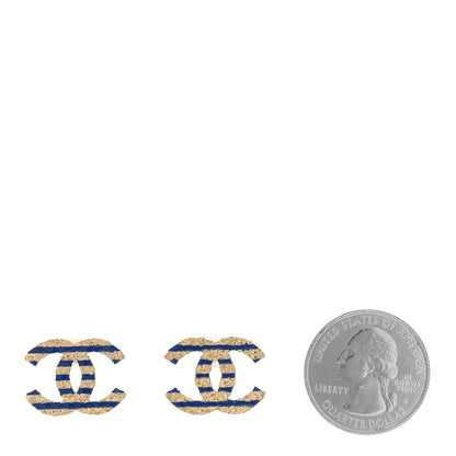 Chanel Resin Striped CC Earrings Blue Gold 2 of 5