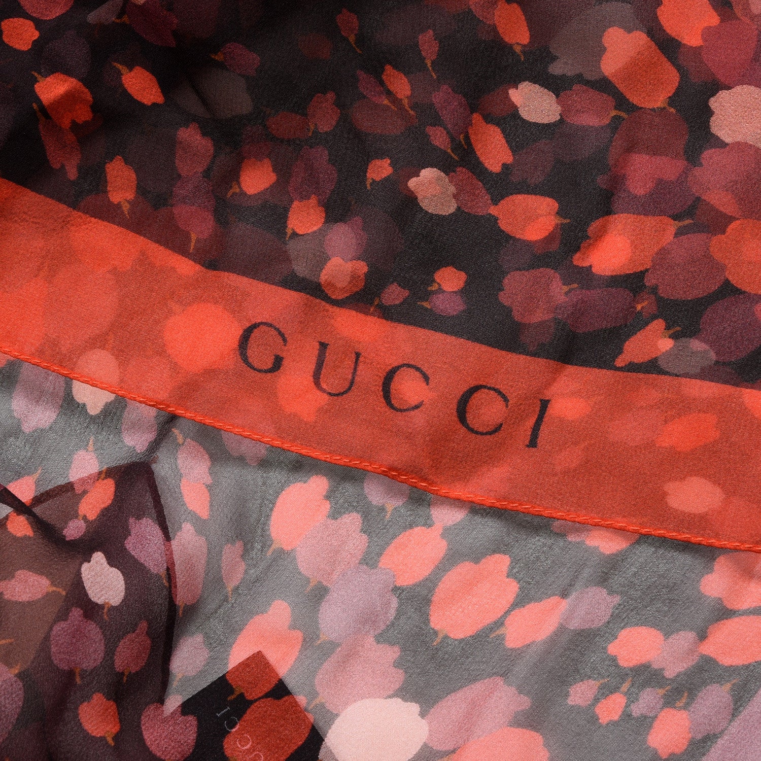 Gucci Silk Leaf Print Scarf Black Red 3 of 4