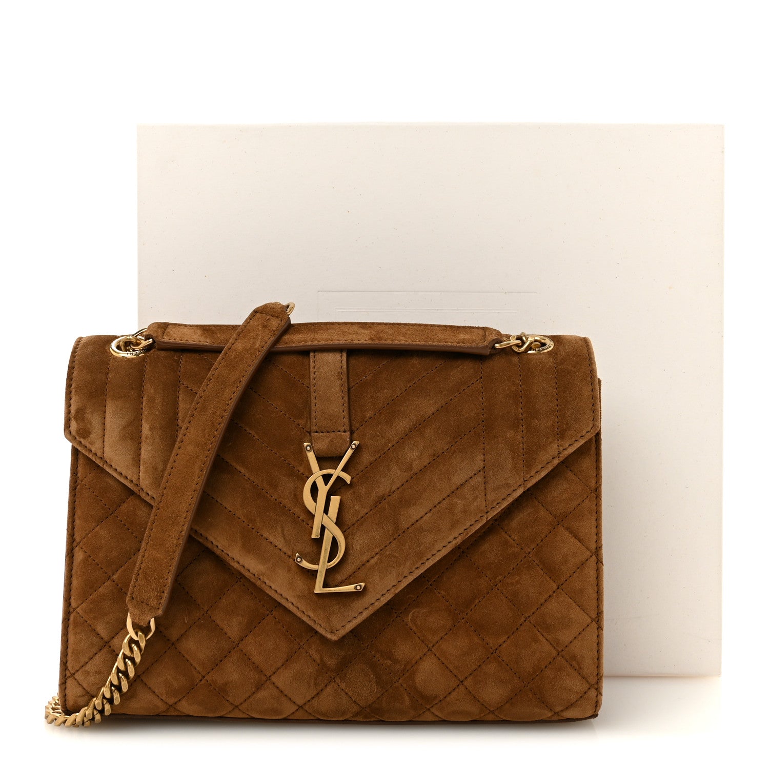 Saint Laurent Suede Mixed Matelasse Triquilt Medium Monogram Envelope Satchel Bark Brown 11 of 11