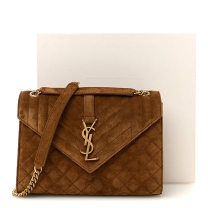 Saint Laurent Suede Mixed Matelasse Triquilt Medium Monogram Envelope Satchel Bark Brown 11 of 11