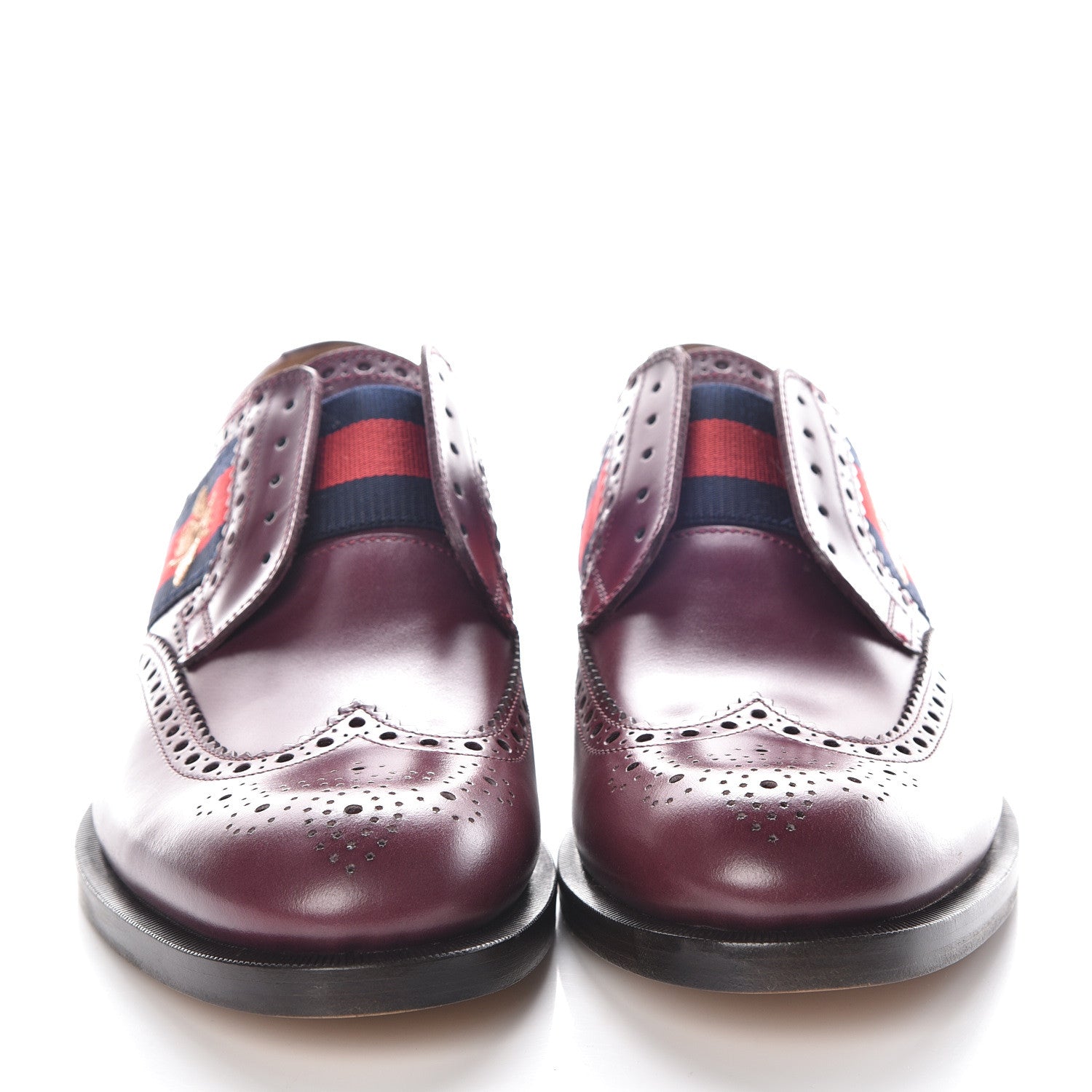 Gucci Calfskin Web Bee Embroidered Mens Slip-On Brogue Wingtip Derby Shoes 6.5 Bordeaux 2 of 9