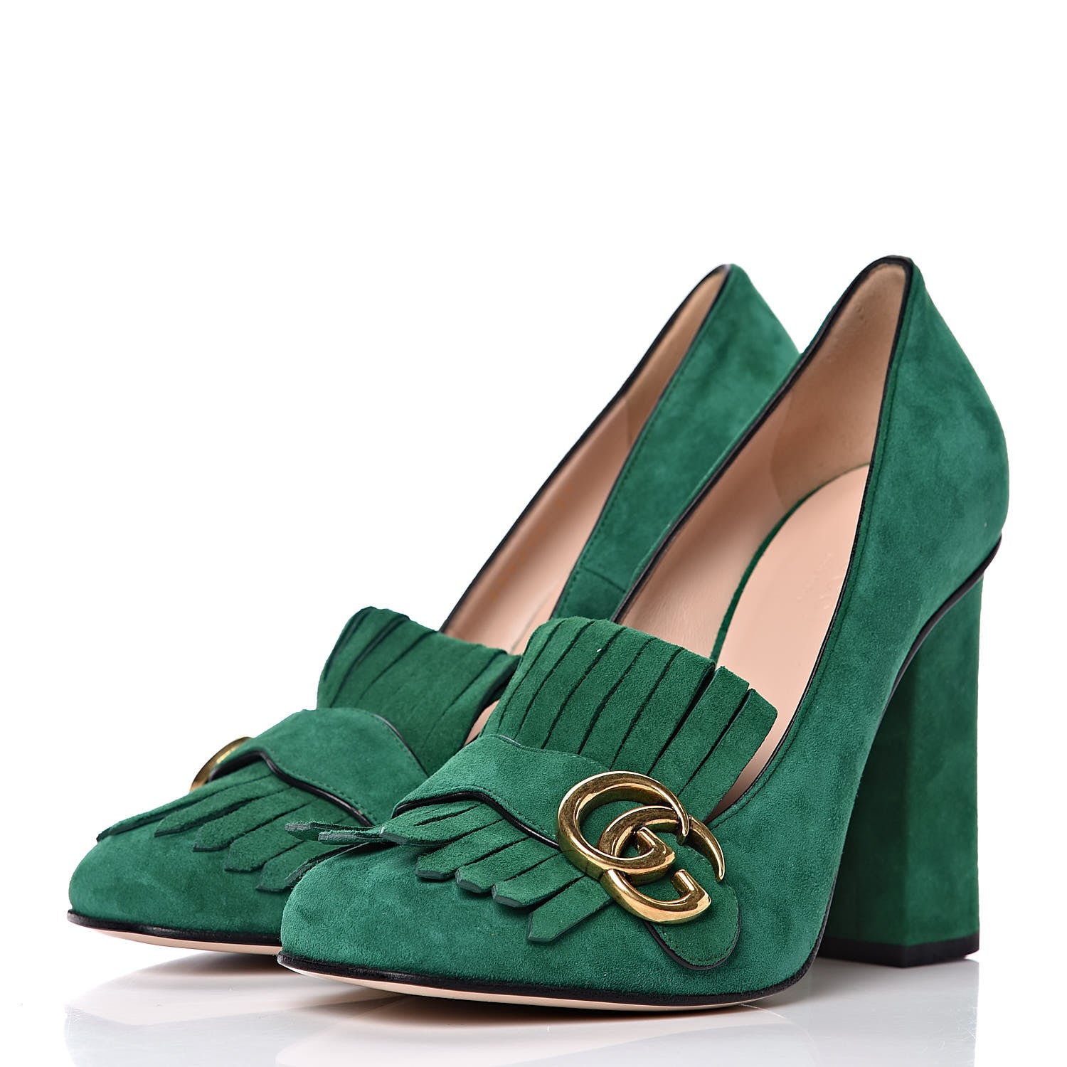 Gucci Kid Scamosciato GG Marmont Fringe 105mm Loafer Pumps 37 Emerald 3 of 10