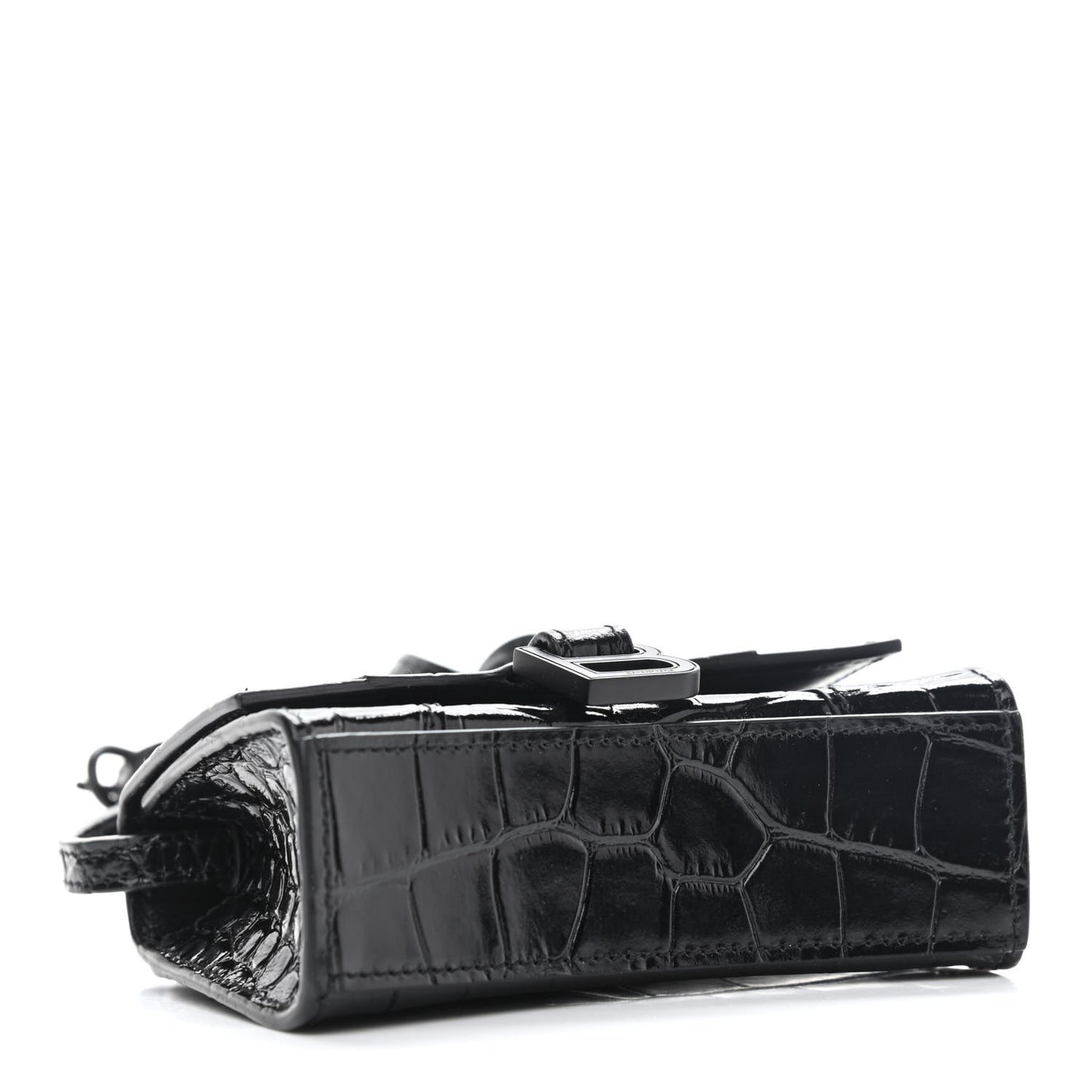 Shiny Calfskin Monochrome Crocodile Embossed Hourglass Top Handle Bag Mini Black