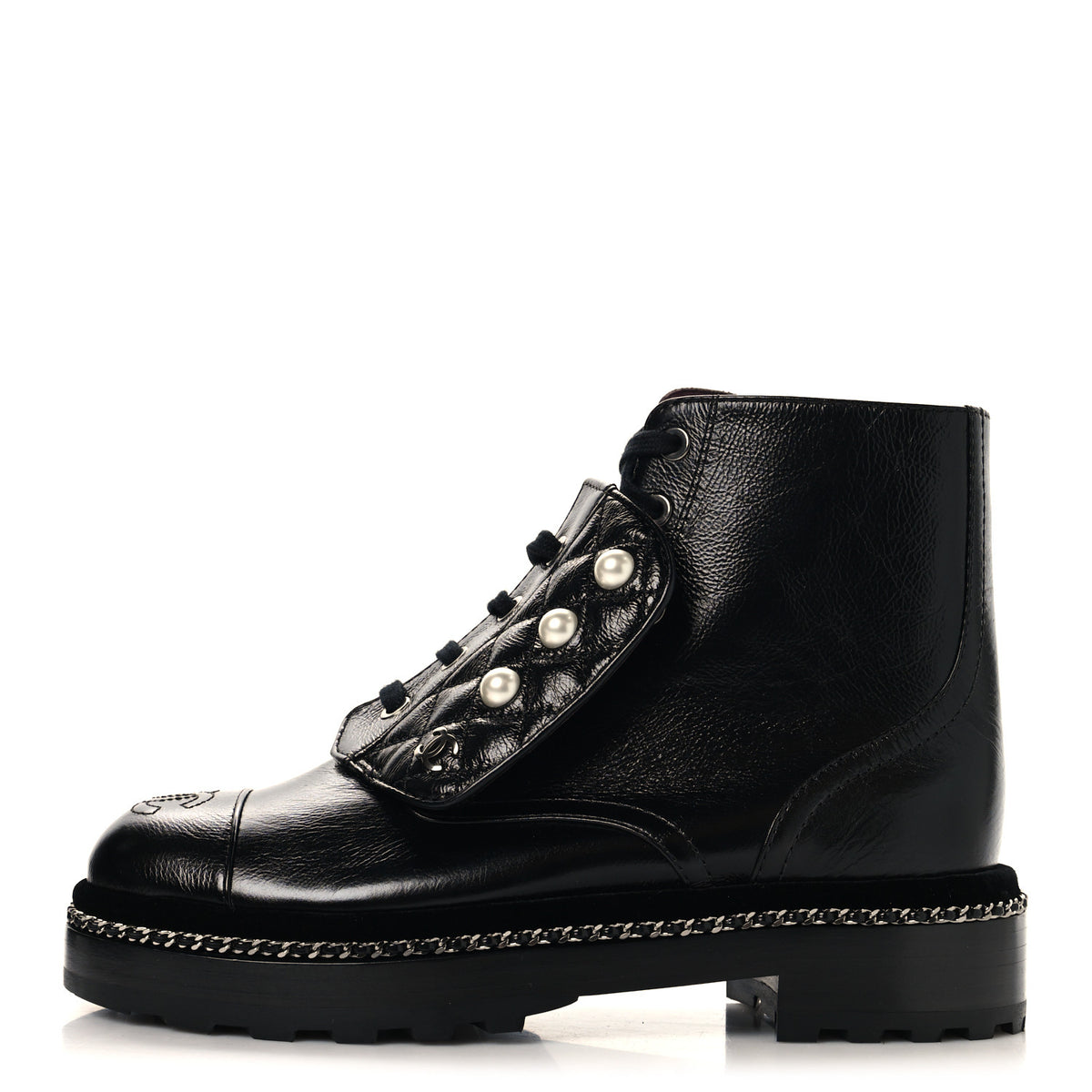 Crackled Calfskin Velvet Pearl Combat Short Boots 36 Black