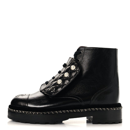 Chanel Crackled Calfskin Velvet Pearl Combat Short Boots 36 Black 1 of 9