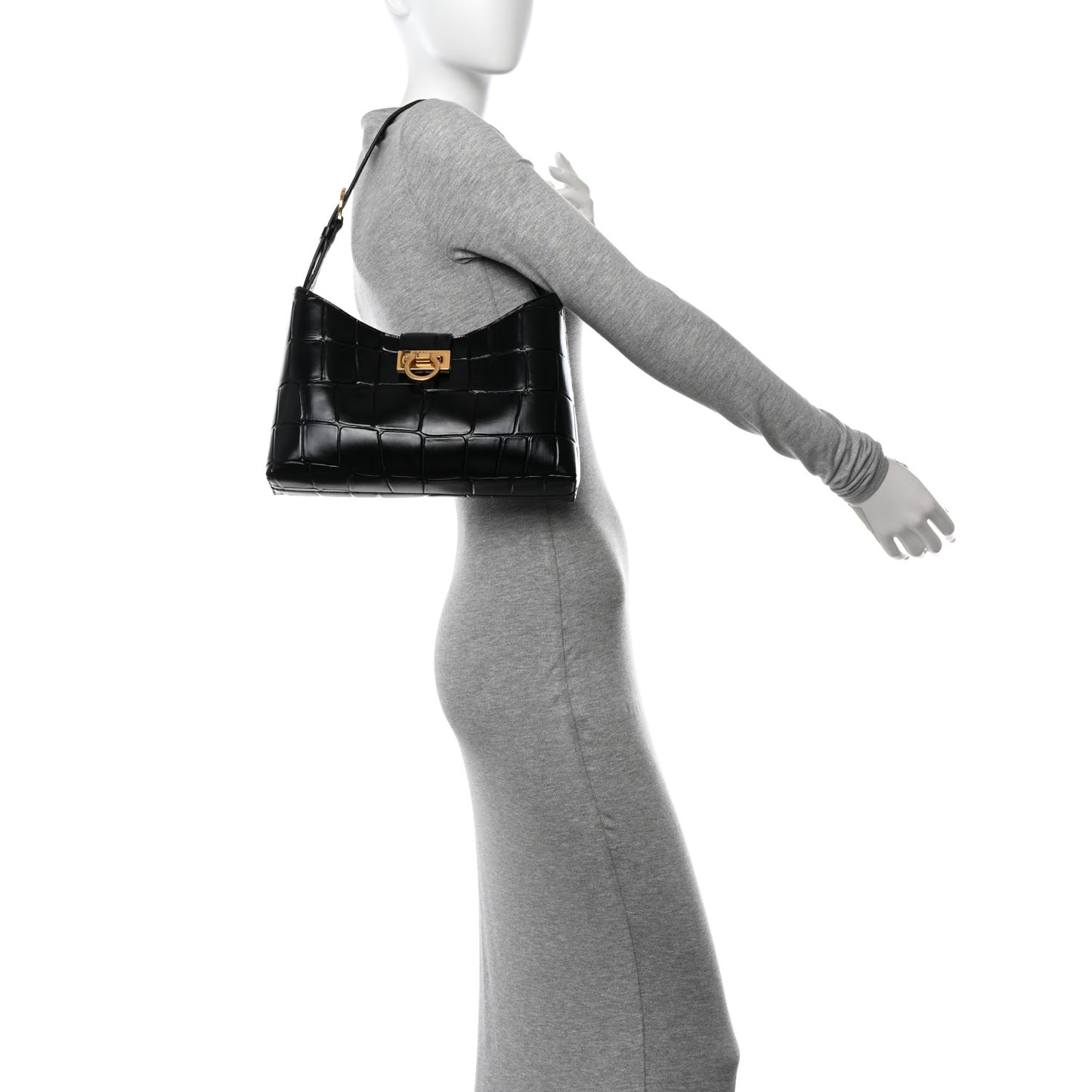 Calfskin Crocodile Embossed Trifolio Shoulder Bag Black