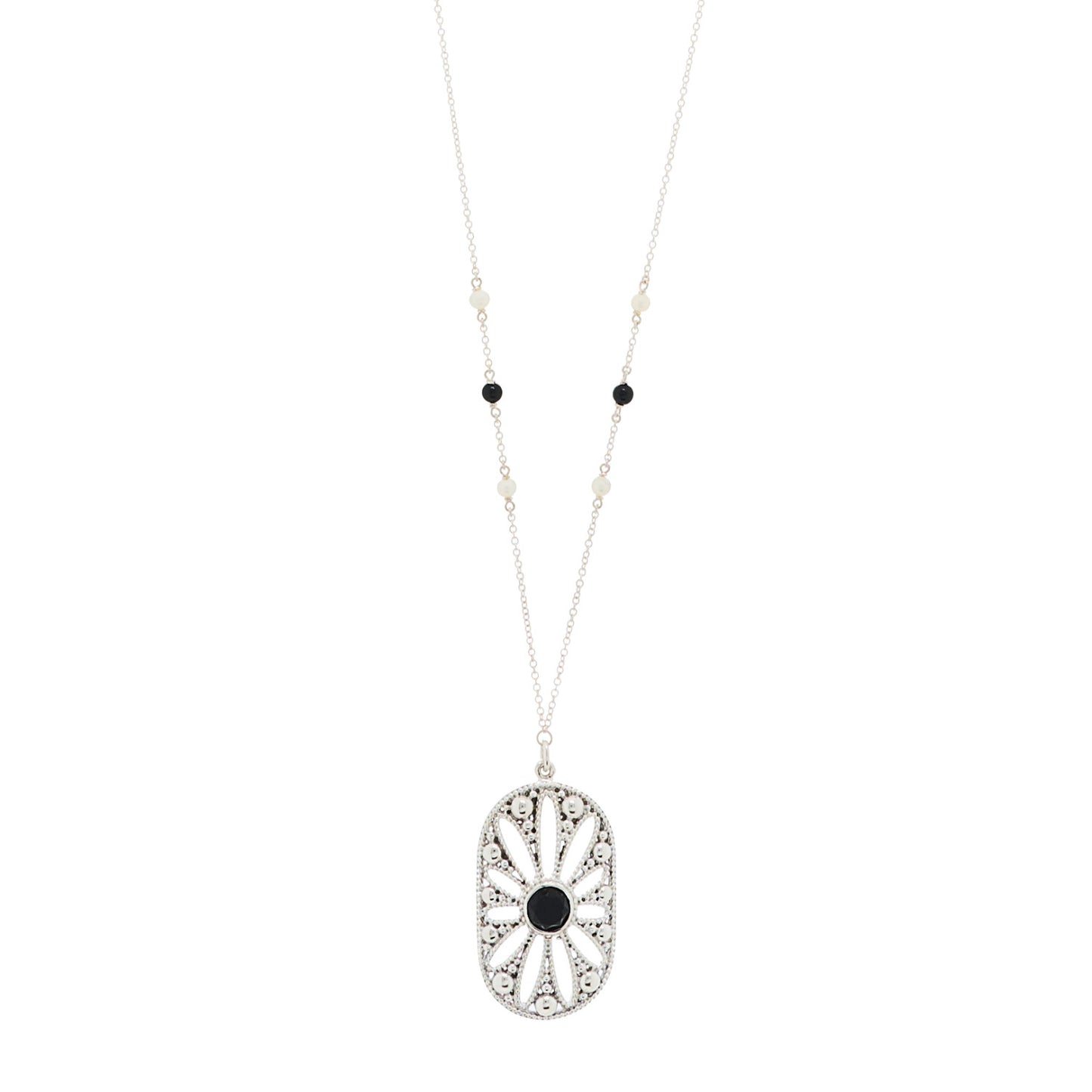 Sterling Silver Black Onyx Pearl Ziegfeld Daisy Pendant Necklace