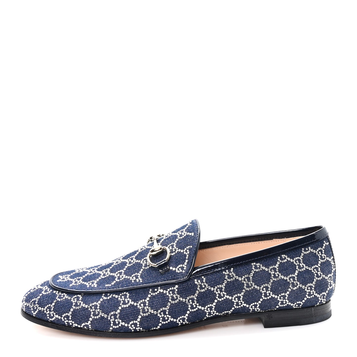 Denim Crystal GG Monogram Horsebit Womens Jordaan Loafers 38 Deep Blue Blue Milad