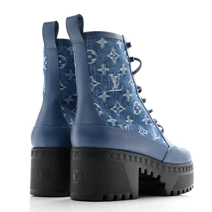 Louis Vuitton Calfskin Monogram Denim Laureate Platform Desert Boots 38 Blue 5 of 10