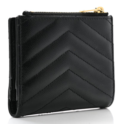 Saint Laurent Grain De Poudre Matelasse Chevron Monogram Zipped Card Case Black 3 of 8