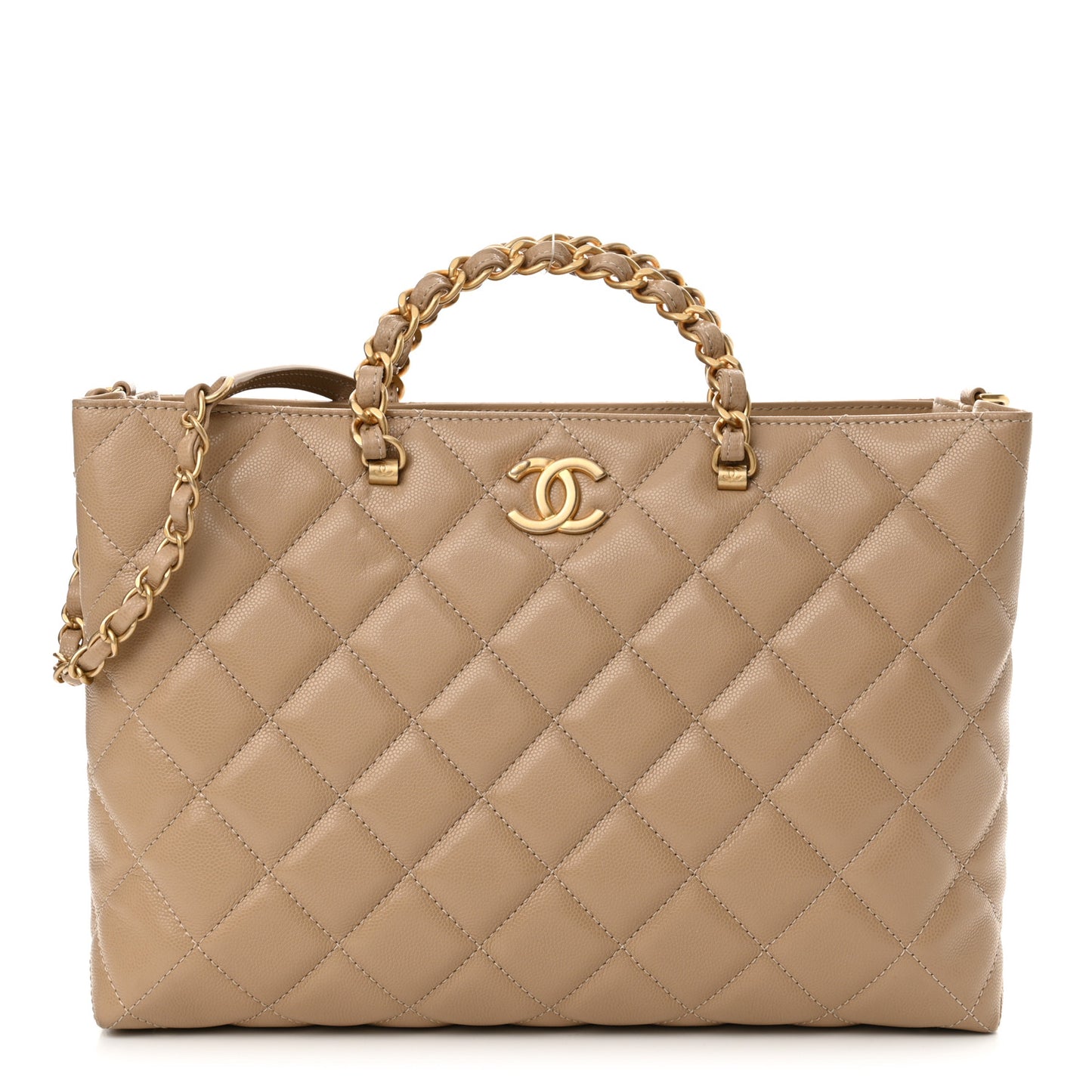 Shiny Caviar Quilted Chain Handle Shopping Tote Beige