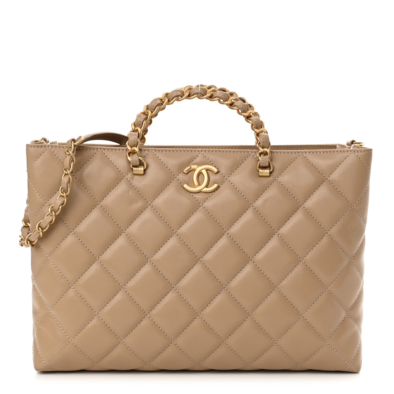 Chanel Shiny Caviar Quilted Chain Handle Shopping Tote Beige 1 of 10