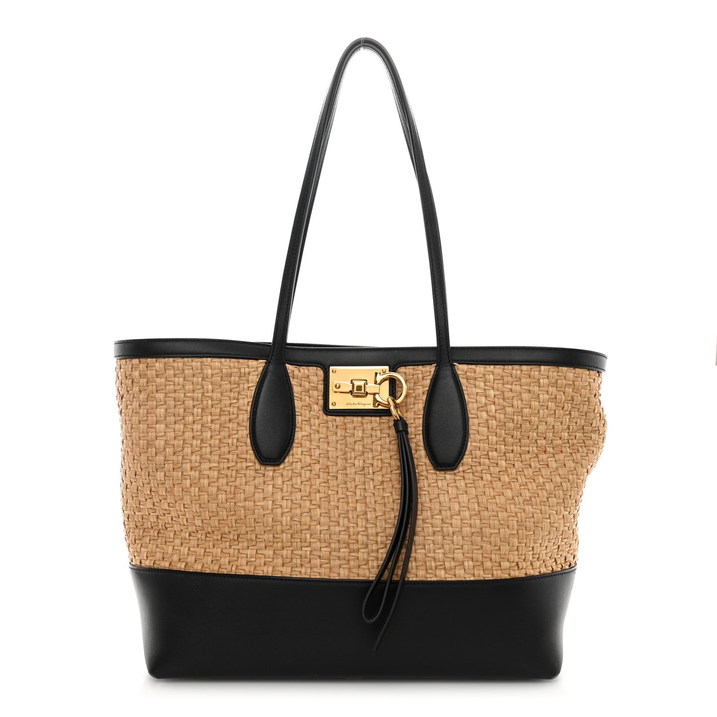 Woven Raffia Calfskin The Studio Tote Beige Black