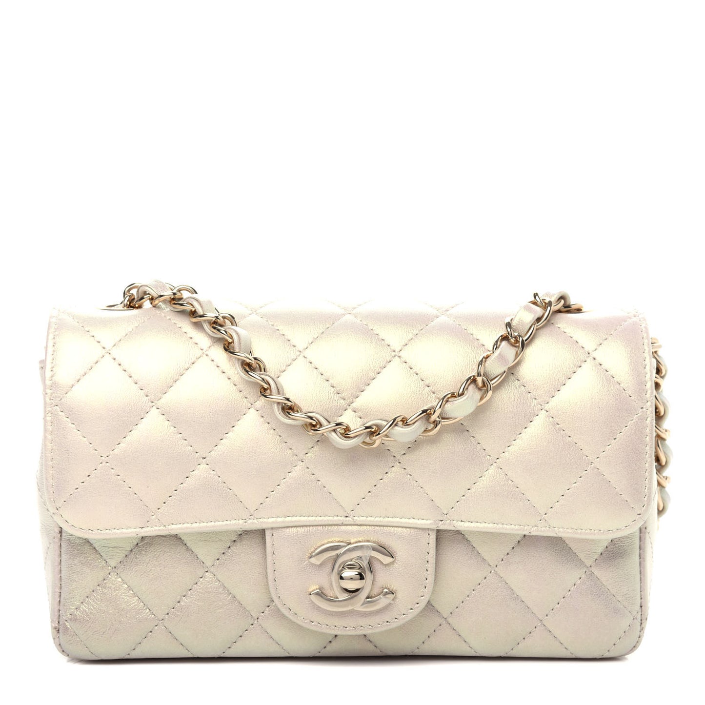 Iridescent Lambskin Quilted Mini Rectangular Flap Ivory