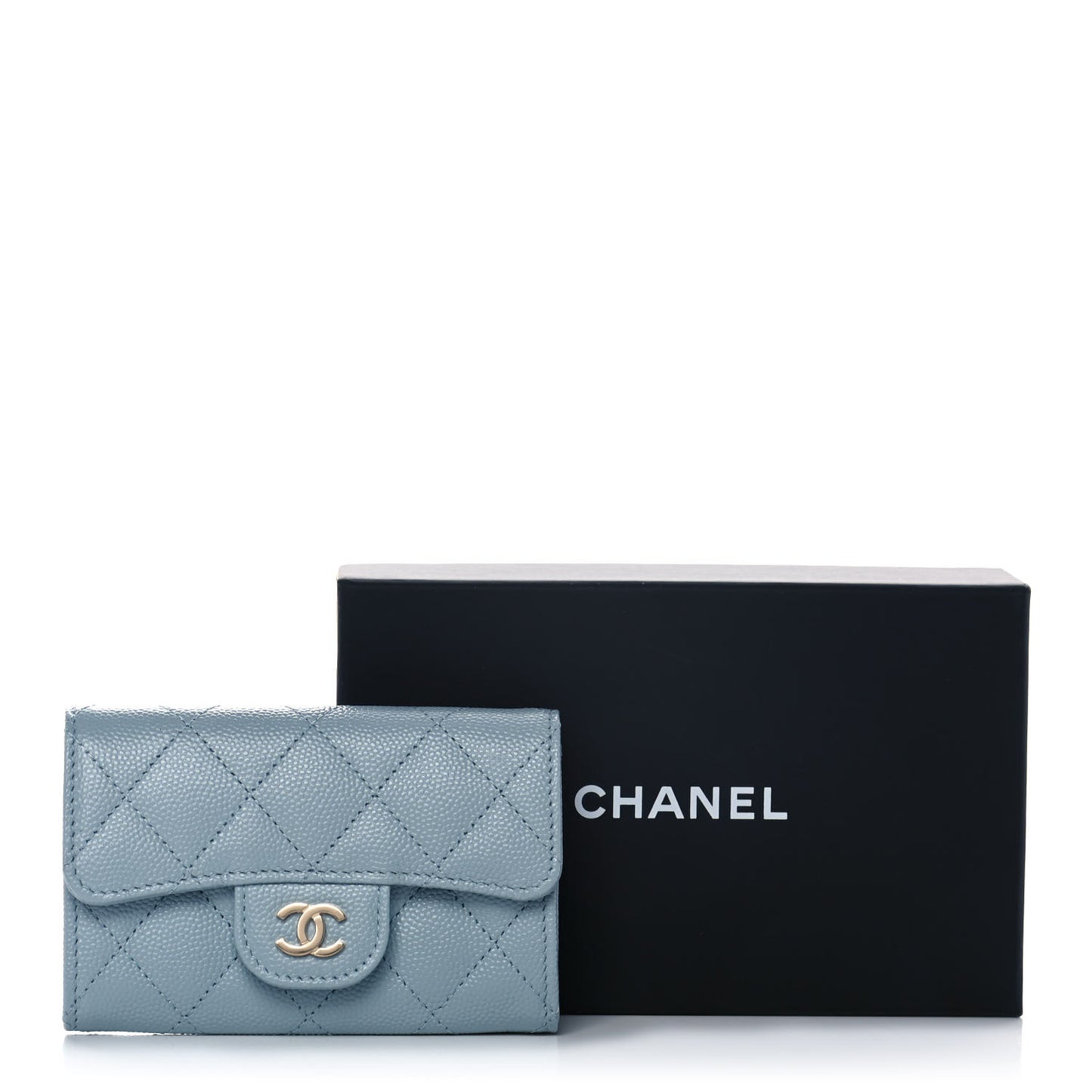 Caviar Quilted Flap Card Holder Wallet Light Blue